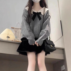 甜美娃娃领设计感灰色毛衣女2025秋季小个子温柔减龄打底针织上衣