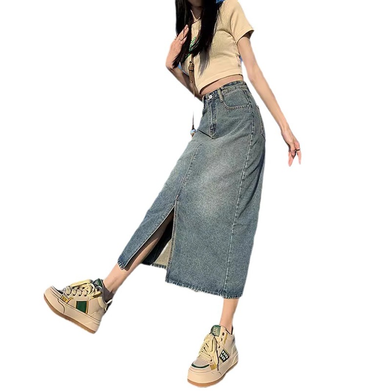 高腰开叉牛仔半身裙女夏季新款a字裙包臀裙小个子梨型中长裙|undefined