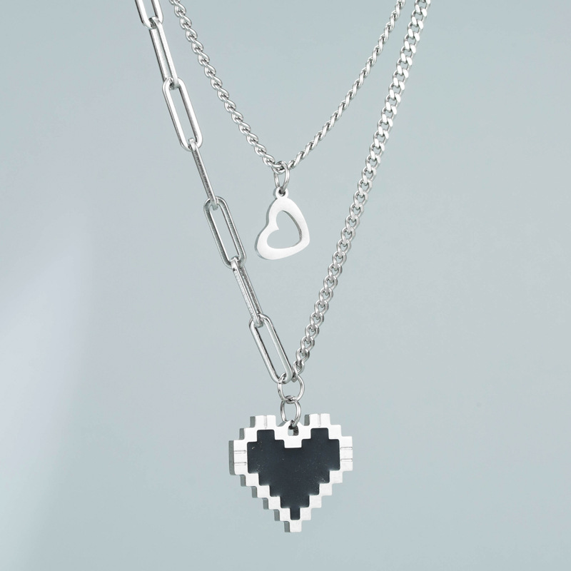 Mosaic Heart Titanium Steel Necklace Heart-shaped Double Layered Clavicle Chain display picture 7