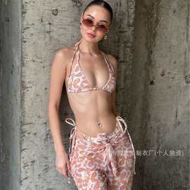 复古花卉印花比基尼高腰沙滩阔腿裤温泉度假三件套挂脖系带泳衣女