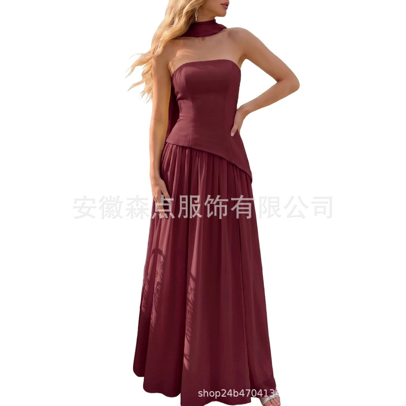 Cross-border independent station supply: strapless dress, wedding banquet dress with scarf, elegant slit formal ball gown Cross-border independent station supply: strapless dress, wedding banquet dress with scarf, elegant slit formal ball gown