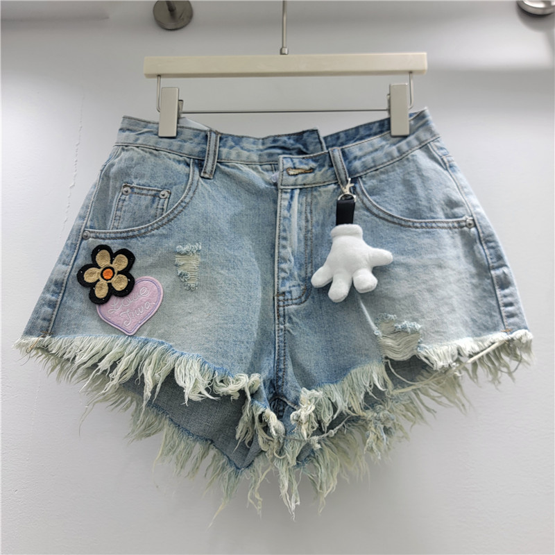 Pantalones Cortos de Mezclilla Corte en A para Mujer Deshilachados con Parche