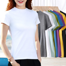 净版白色三分短袖小立中半高圆领修身内搭打底t恤女夏季外穿体恤
