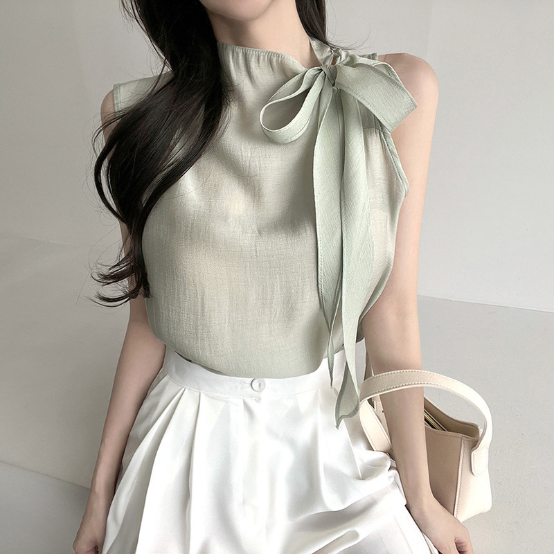 Korean Chic Summer French Style Round Neck Shoulder Strap Bow Design Casual Versatile Vest Shirt for Women