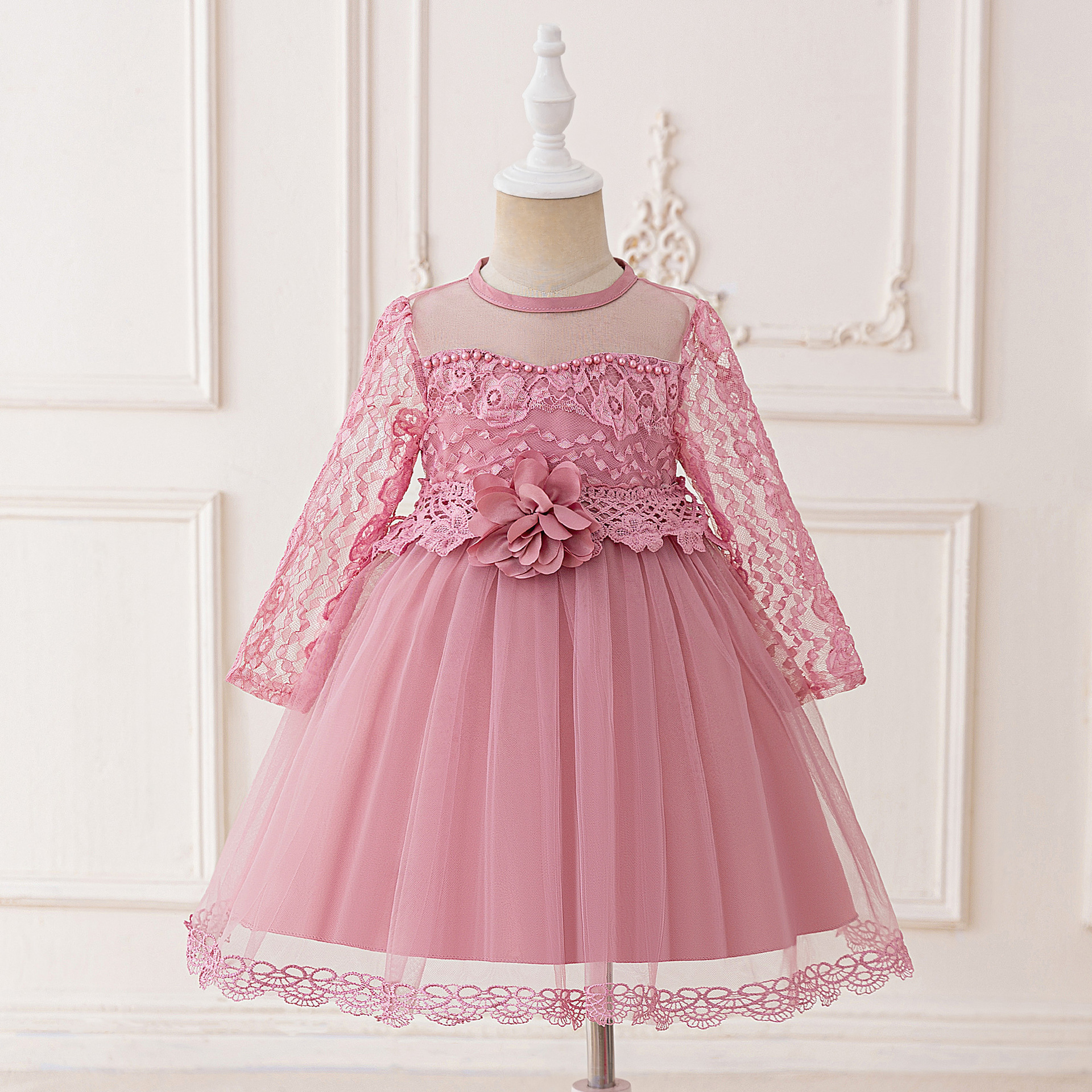 Venta directa de fábrica Vestidos para niños Vestidos de princesa Manga larga Encaje Flor de cuentas Vestidos de fiesta para niñas Vestidos de fiesta