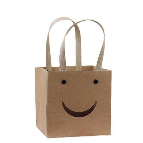 Smiling Face Windowed Kraft Paper Mini Square Gift Bags, Rivet Small Tote Bags, Flower Gift Bags