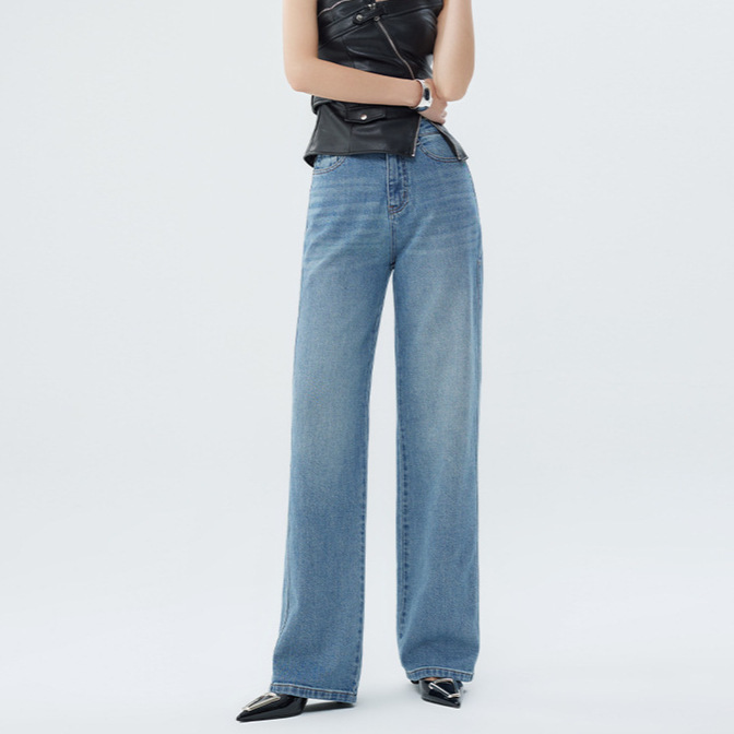 [Limited Special Offer] Casual and Versatile High-Count Cotton Straight Washed Jeans for Women's Work Clothing Wide-Leg High-Waisted Pants