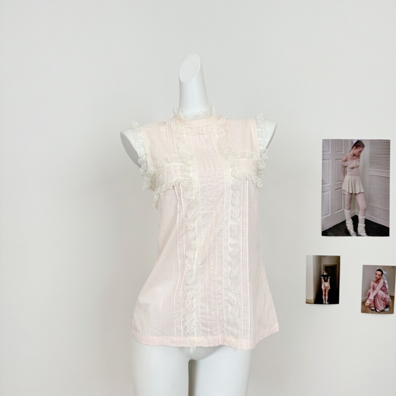Wuuus【Jojo Private Fashion Line】Light Pink Sleeveless Shirt for Women, Vintage Chanel-Style Lace-Trimmed Vest Top Wuuus【Jojo Private Fashion Line】Light Pink Sleeveless Shirt for Women, Vintage Chanel-Style Lace-Trimmed Vest Top