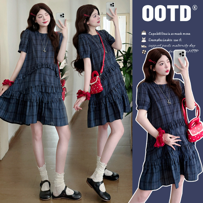 Maternity Dress Summer Korean Style Pregnant Mother Wears High-End Blue Plaid Puff Sleeve Short Skirt Summer Petite