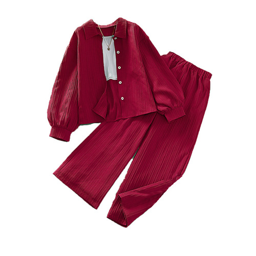 2024 Spring Girls' Clothing 10-12 Years Old Cross-border New Middle Child Collar Long Sleeve Shirt European and American Children's Set
