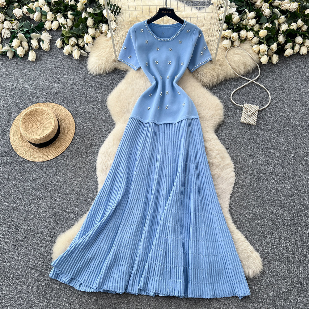 Women's French Style Beaded Short Sleeved Dress Summer Gentle Feminine High Waisted A-Line Skirt Slimming Flattering for Commuting_ecoleips.com