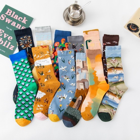 Cross-Border New Autum Classic Oil Painting Trend Socks for Men and Women, Trendy Socks Ins Style Combed Cotton Socks, All Year Round Socks