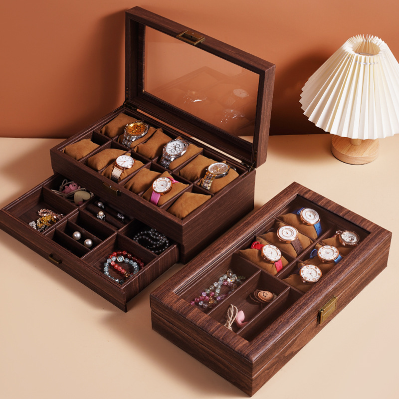 Retro Wood Grain Leather Watch Jewelry Integrated Double-Layer Collection Storage Box with Glass Dust-Proof Exquisite Multi-Layer Large Capacity