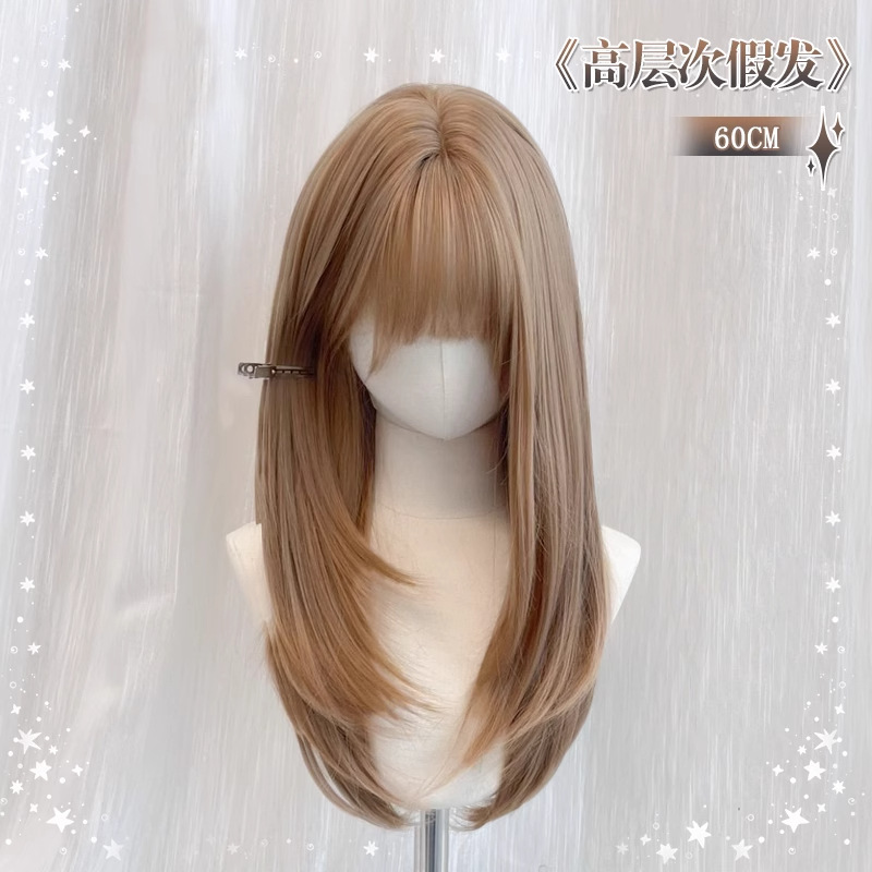 Wig for Women with Fluffy Bangs, High-Layered Milk Tea White Gold Long Straight Hair, Natural Daily Full Headgear Style Wig for Women with Fluffy Bangs, High-Layered Milk Tea White Gold Long Straight Hair, Natural Daily Full Headgear Style