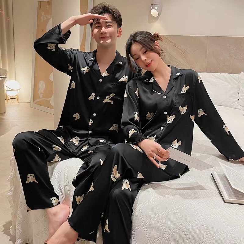 Pajamas de pareja primavera y otoño de mujeres de manga larga seda delgada japonesa inns perrito hombre imitación de seda ropa para el hogar verano