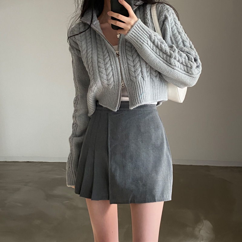 Otoño e invierno nuevo corto de manga larga chic vintage patrón de cáñamo de doble cabeza cremallera solapa de punto cardigan suéter abrigo para mujeres
