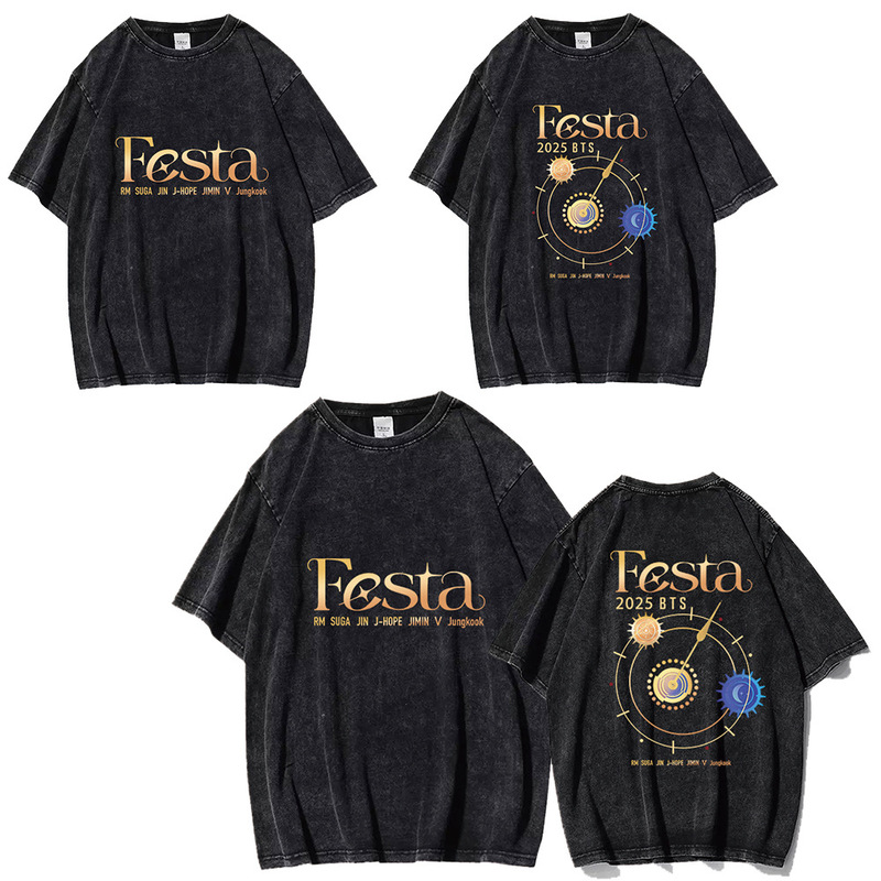 Bts 2025 Festa New Washed T-Shirt Peripheral Commemorative Shirt Cross-Border Literary Retro Short-Sleeved Summer Women