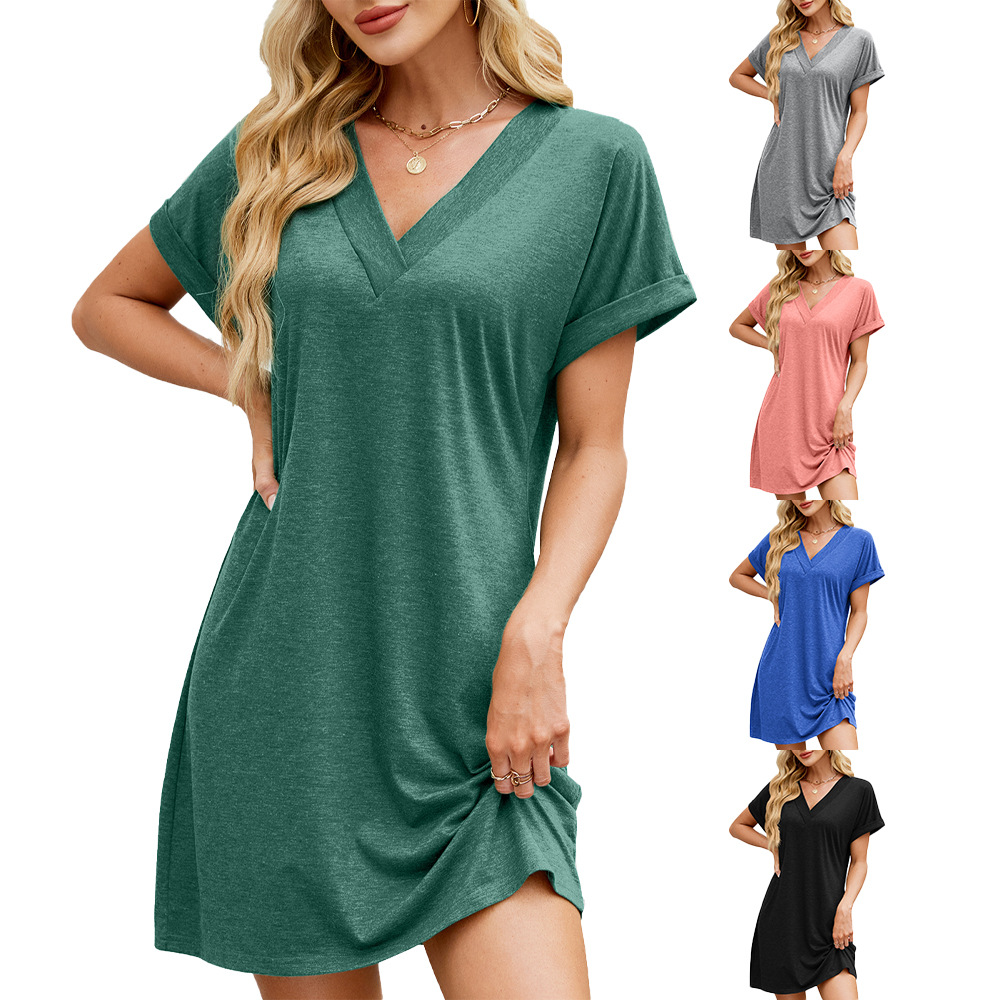 Amazon Europe and the United States cross-border foreign trade 2025 spring and summer new solid color V collar loose short sleeve casual dress in stock