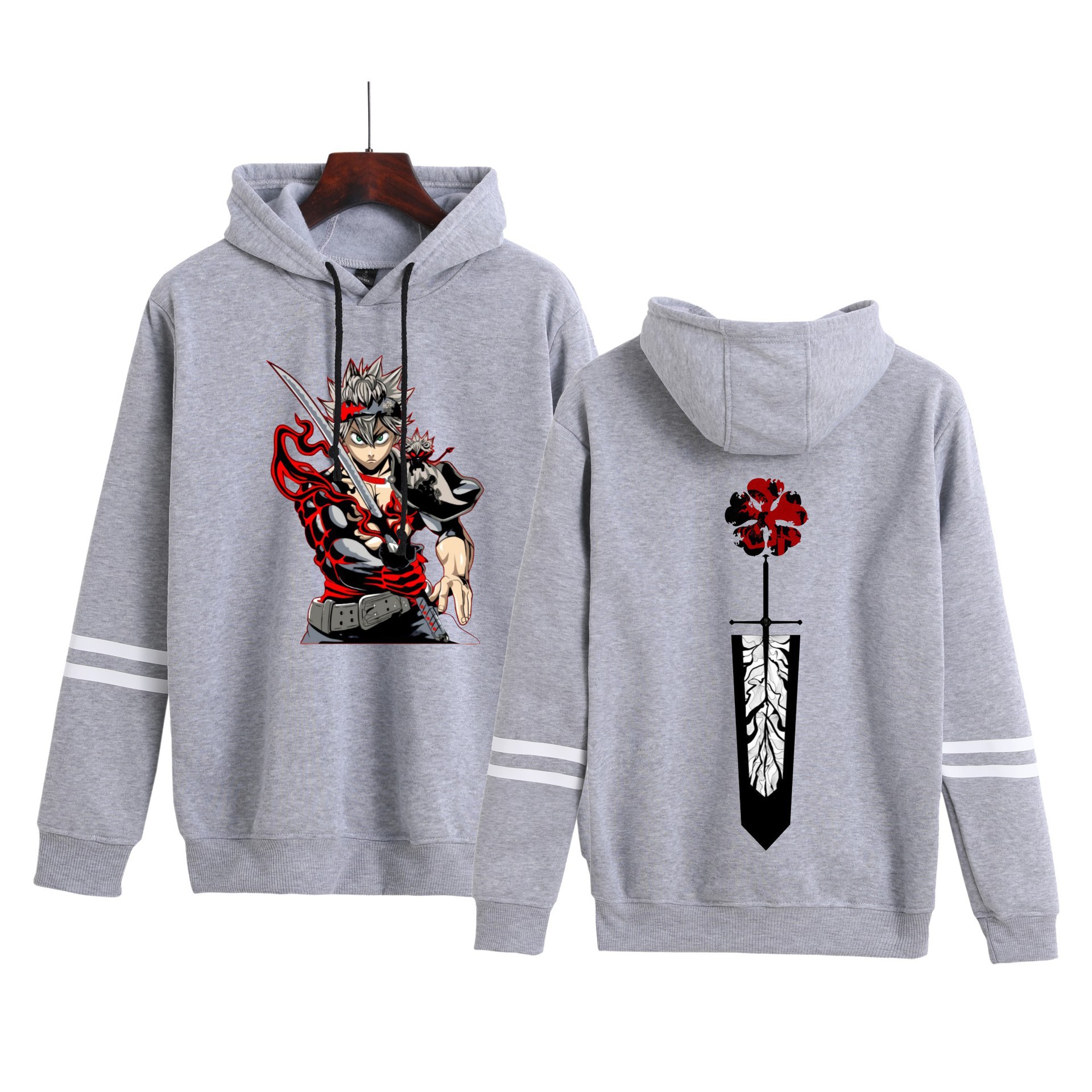 Amazon hombres y mujeres anime trébol negro Black Clover estampado con capucha pareja suéter de barras paralelas