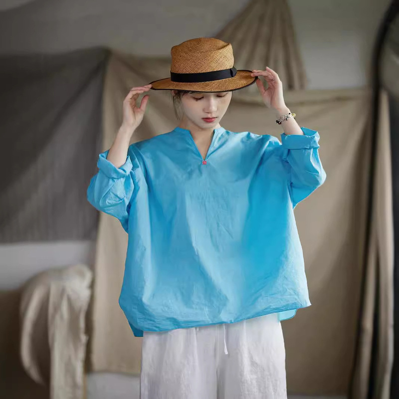 Summer Literary Retro Women's Original Design Sunny Blue Cotton Lightweight Breathable Pullover Versatile Shirt