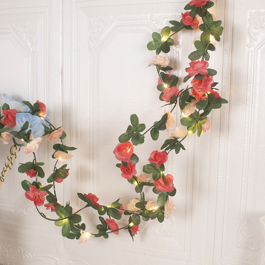 Simulación rosa lámpara de ratán decoración de ratán hotel de flores enrollado falso arte floral seda luz de colores luz intermitente decoración luz de alambre de cobre