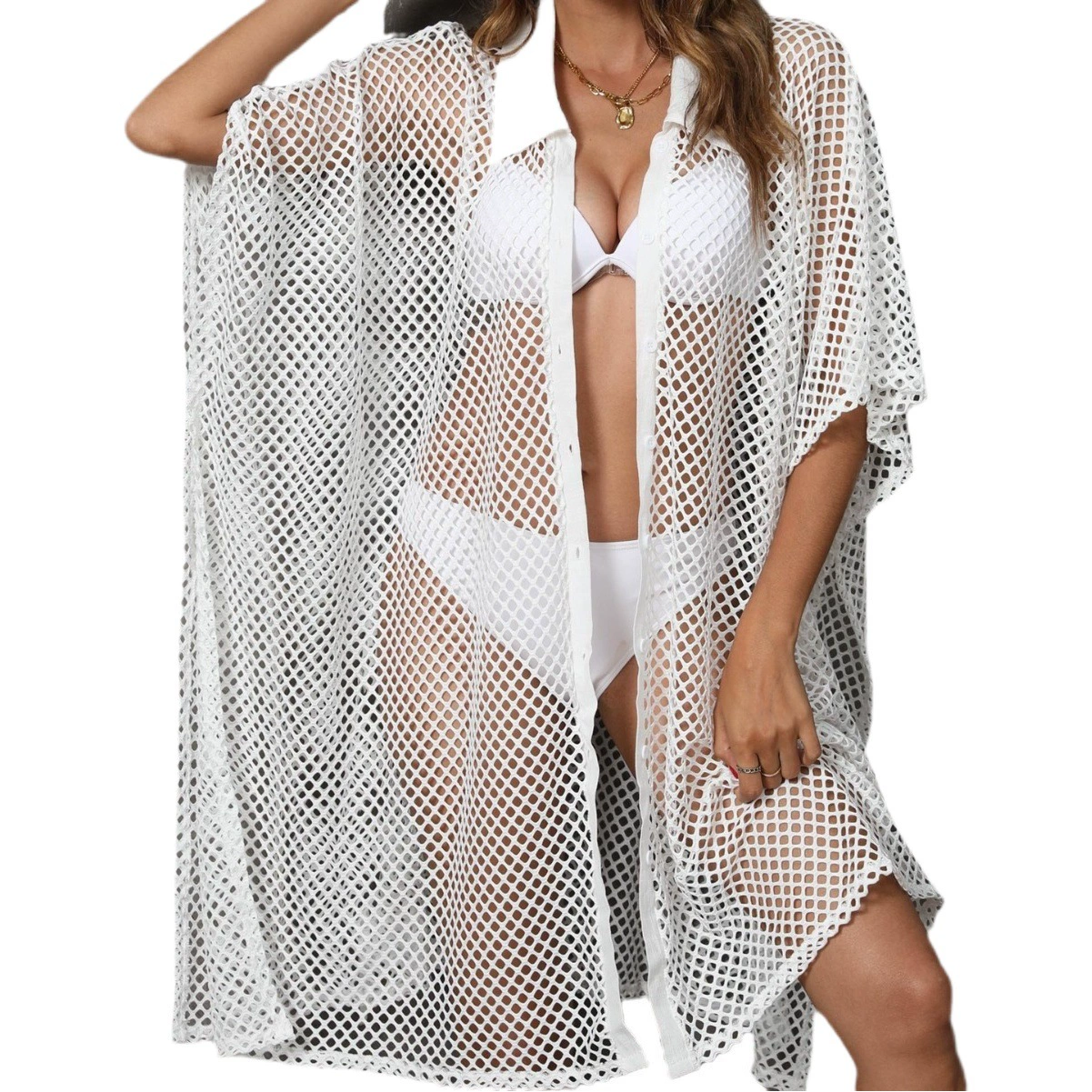 Пляжная одежда, блузка для отдыха, трансграничная Европейская и американская Женская сетчатая рубашка с воротником, неровное платье, свободная блузка