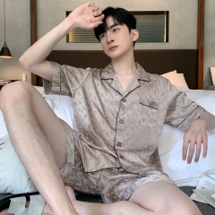 高級感サテンパジャマ男性夏氷糸半袖半ズボンカーディガン家庭服夏薄いシルクセット