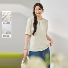 New Chinese style T-shirt Fiber and Li show large size women's high-end sequin hollow button top fat mm summer new style