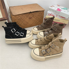厚底新款高幫帆布鞋女2023秋季韓版潮流百搭女鞋懶人魔術貼鞋子女