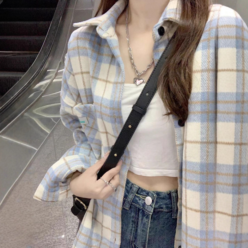 Thick Woolen Material Blue Plaid Woolen Jacket 2025 Autum New Hong Kong Style Chic Long-Sleeved Top Jacket