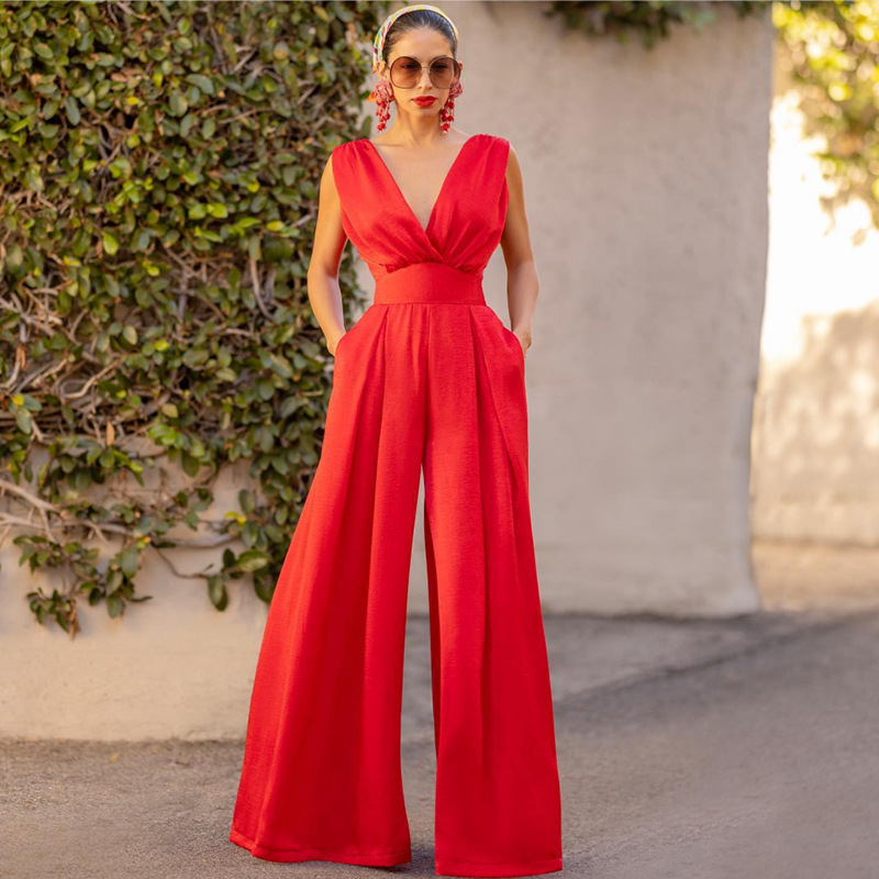 Inelastic Elasticity Banquet Occasion Comfort Function Women's Banquet Sexy Solid Color Full Length Pocket Jumpsuits