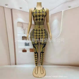 跨境演出性感透视金色亮钻塑身杂技练功服时尚休闲套装扑克