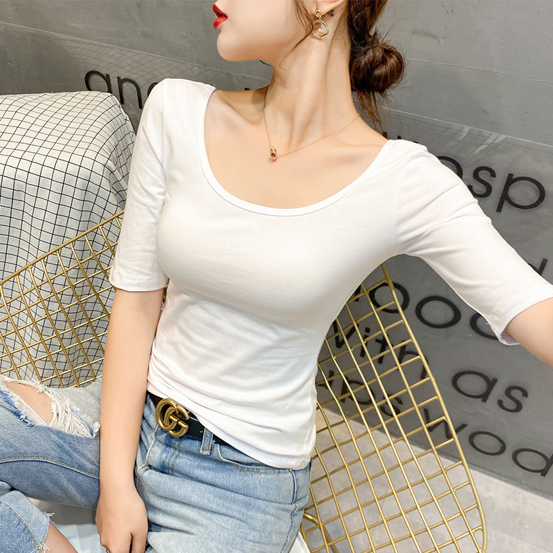Wholesale Pure Cotton Mid-Sleeve T-Shirt Women's Top, Five-Quarter Sleeve Regular Shoulder T-Shirt, New Spring/Summer Slim Fit White Base Layer