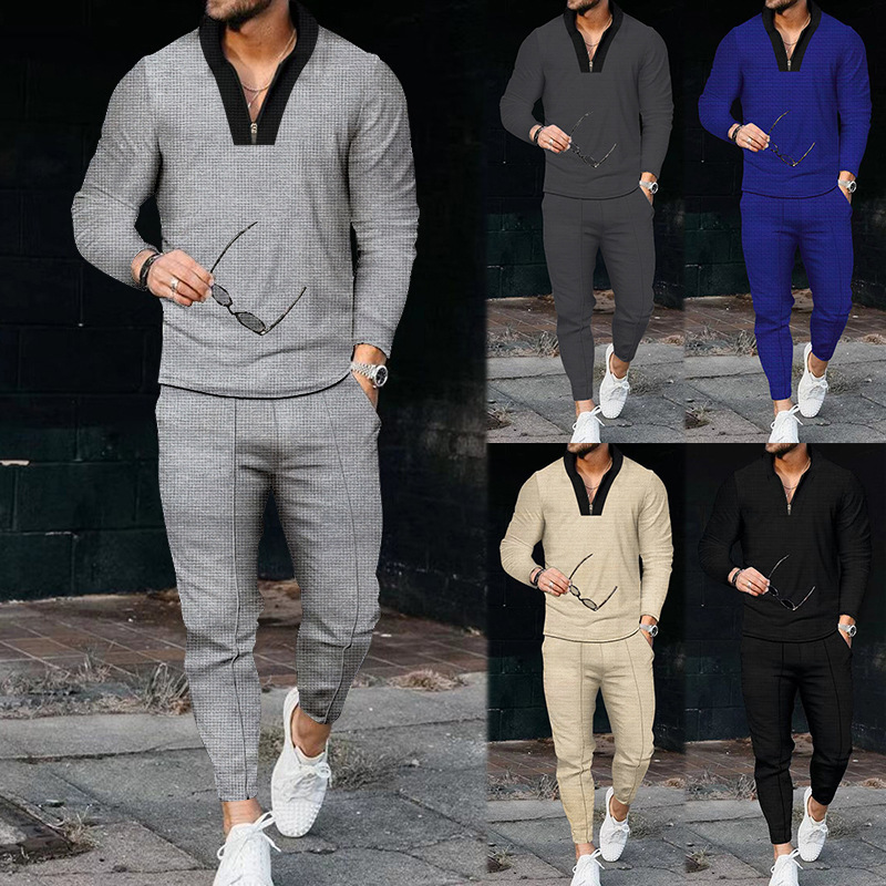 Pánský top s dlouhým rukávem, stojáčkem a vaflovým výstřihem, módní poloviční zip, ležérní sportovní set_voghion.com