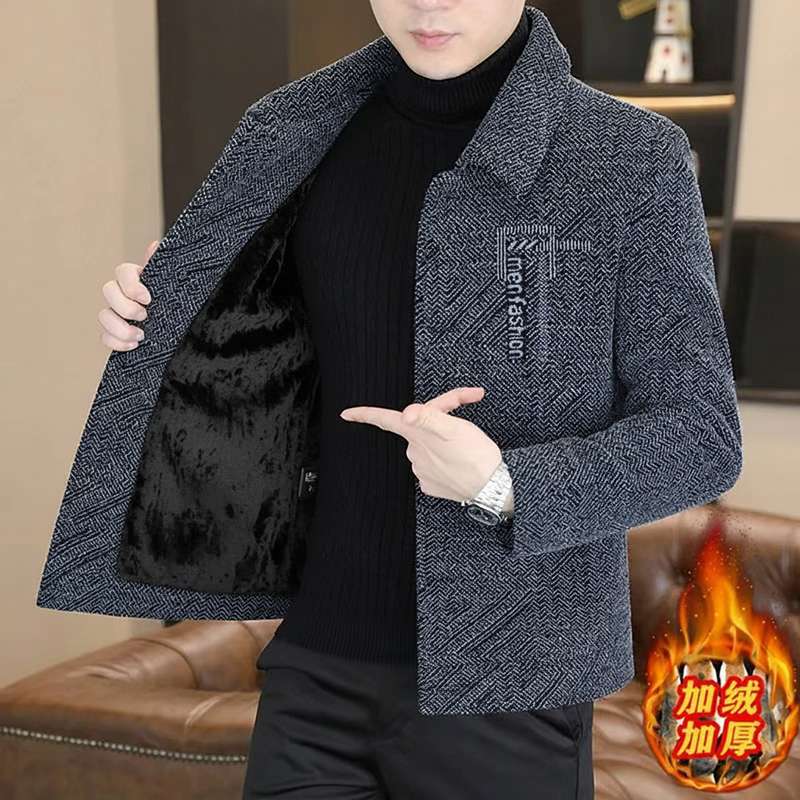 Spring and Autumn New High-End Lapel Casual Jacket for Men, Fleece-Lined and Thickened, Versatile Woolen Coat Jacket