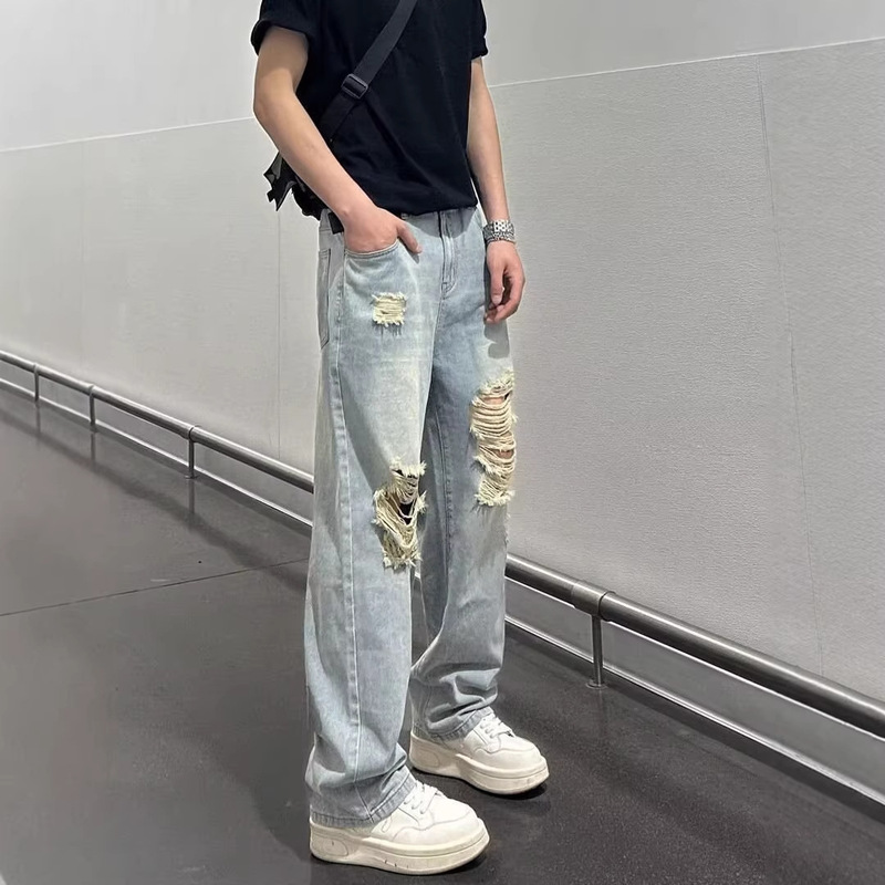 American-Style Streetwear Ripped Jeans for Men and Women, Straight-Cut Vintage Distressed Patchwork Wide-Leg Pants, Floor-Length Trendy Trousers American-Style Streetwear Ripped Jeans for Men and Women, Straight-Cut Vintage Distressed Patchwork Wide-Leg Pants, Floor-Length Trendy Trousers