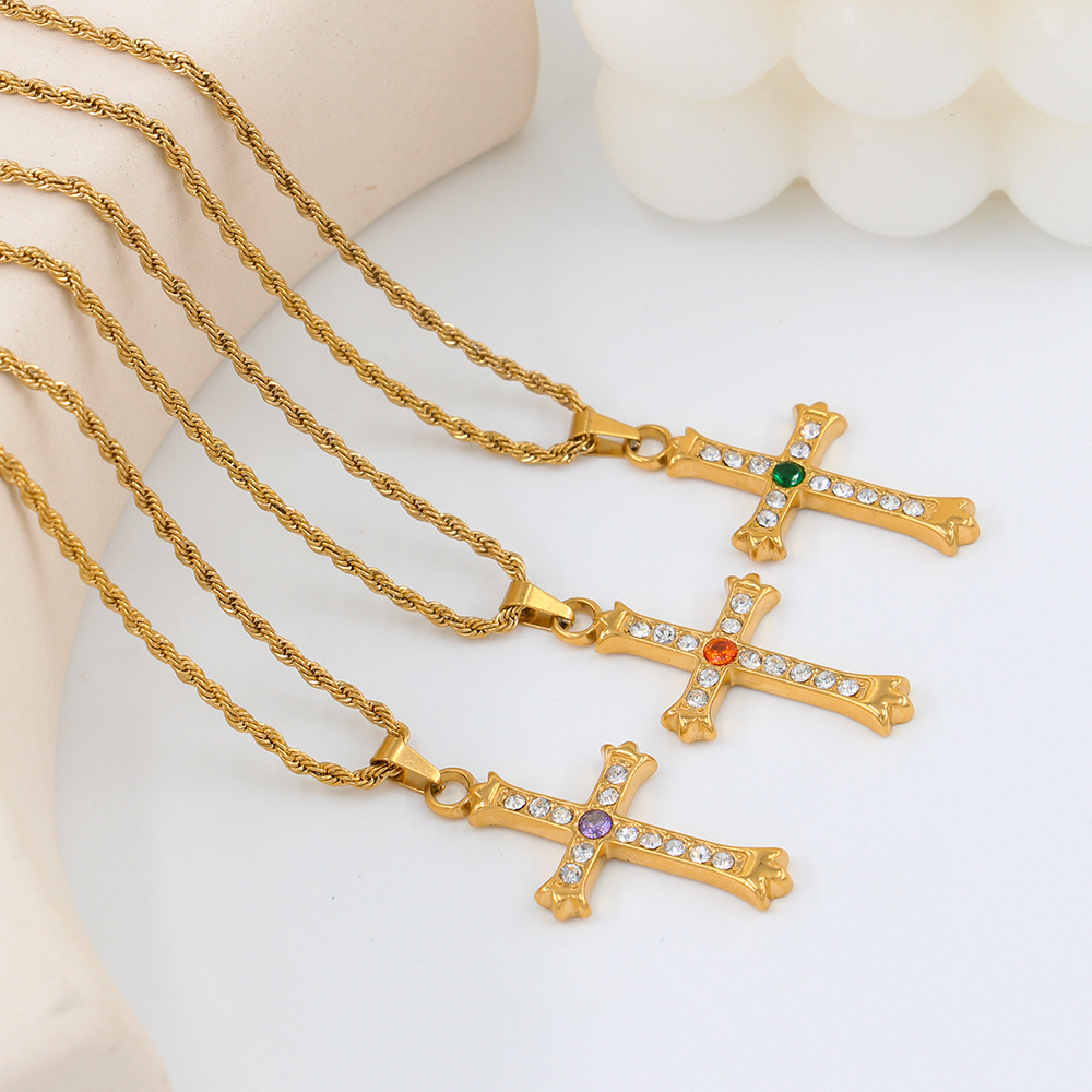 Fashion Cross Stainless Steel Plating Zircon Pendant Necklace_colorza_4