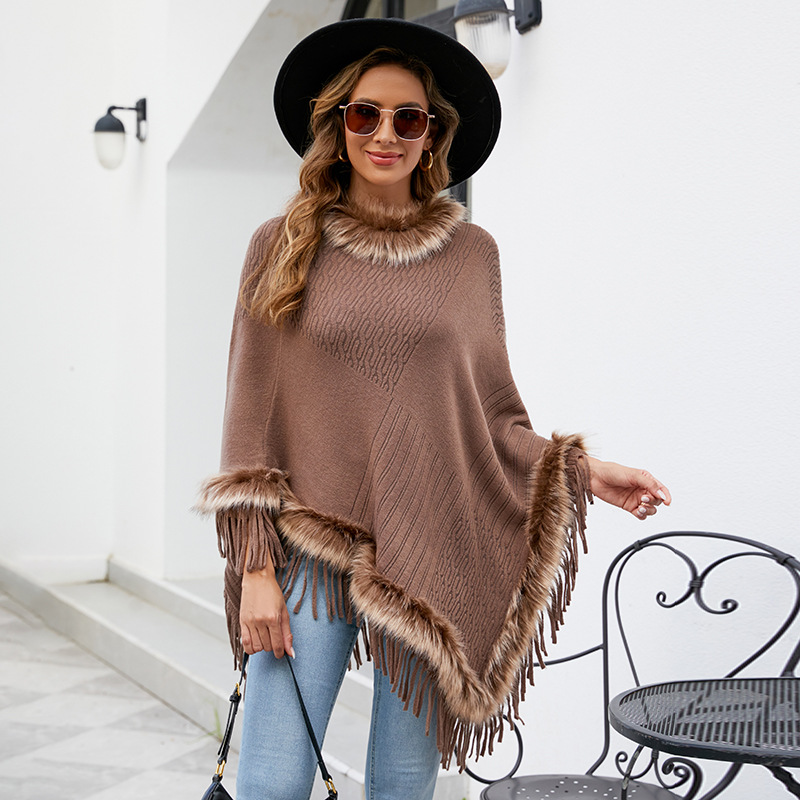 Knitted tassel cape women's solid color pullover loose shawl coat_voghion.com