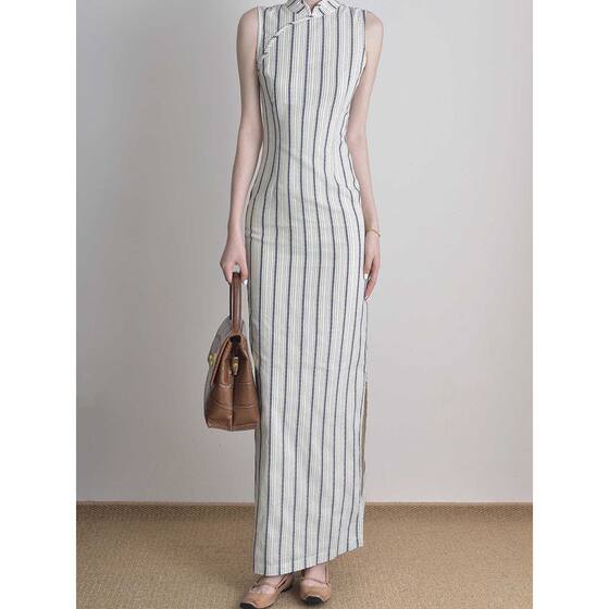 New Chinese Style National Style White Striped Vertical Collar Improved Cheongsam Summer Slim-fit Hip Long Dress Sleeveless Vest dress