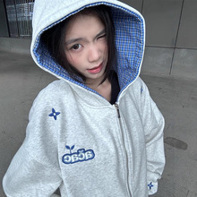 美式街头字母刺绣拼接连帽卫衣女2025秋季新款宽松学院风慵懒上衣