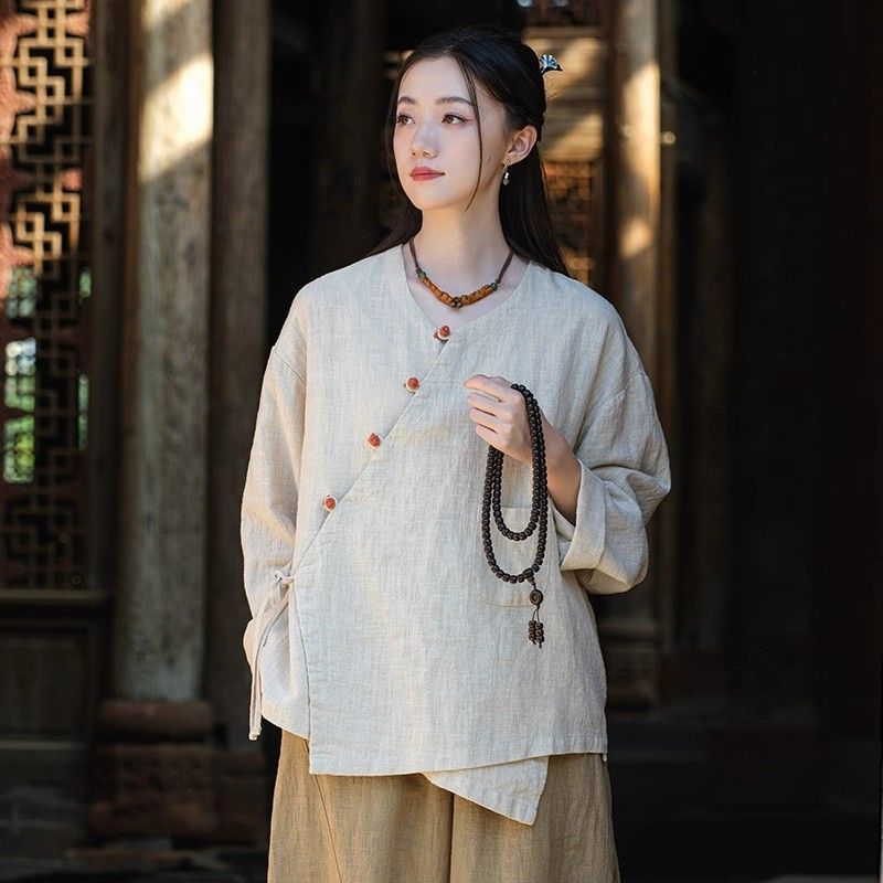 复古盘扣上衣女2025新文艺禅意茶服春秋旅拍系带外套短款棉麻开衫|undefined