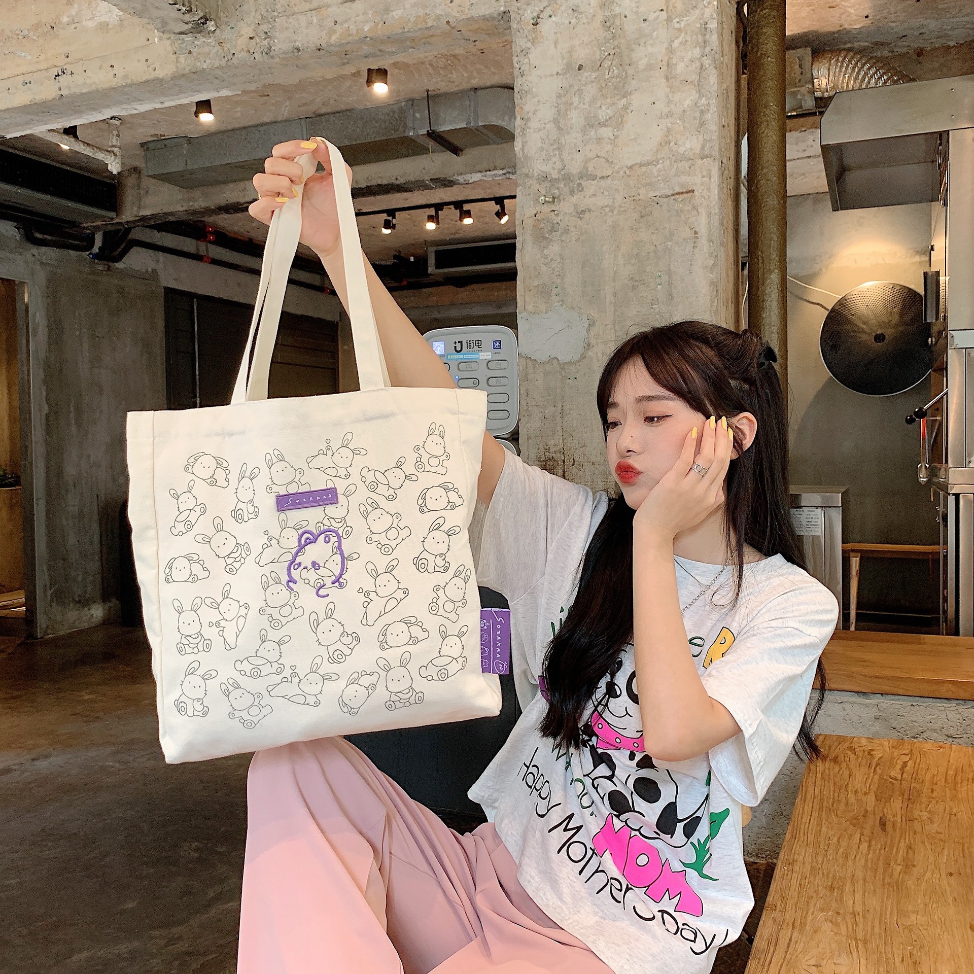 Stock 26104 Little Rabbit Canvas Bag, large-capacity single-shoulder bag for women, simple student double-shoulder handbag, durable undefined