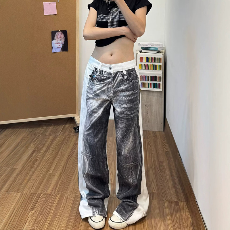 Foreign Trade Jeans with American Vibe, Washed Double-Layer Patchwork, Women's Street Style, Straight Loose Fit, Slimming, Drapey Wide-Leg Long Pants