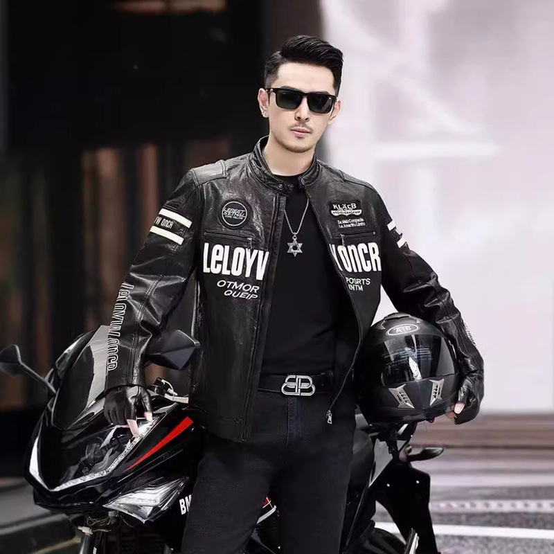 Haining Genuine Leather Jacket Men's 2025 Autum New Genuine Leather Jacket Oil Wax Cowhide Personalized Fashion Motorcycle Jacket Trendy