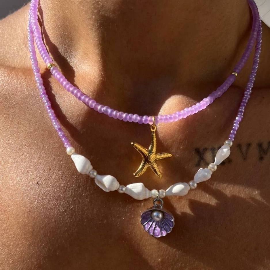 Sweater Accessories Hot Selling Fashion New Beautiful Ins Style Shell Alloy Choker Purple Rice Beads Layered_voghion.com