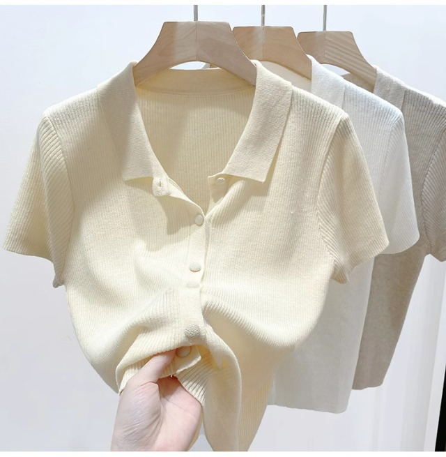 Áo thun polo nữ tay ngắn cổ bẻ chất liệu len lụa mát mẻ — màu trắng chi tiết 6