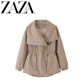 ZAZA 自制欧美风 批发女装 时尚百搭气质格纹抽绳收腰风衣160029