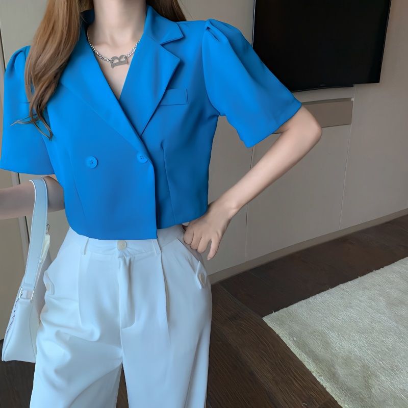 2023 Summer New Korean Style chic Hong Kong Style High Waist Short Cropped Top Suit Jacket Women's Design Sense Niche