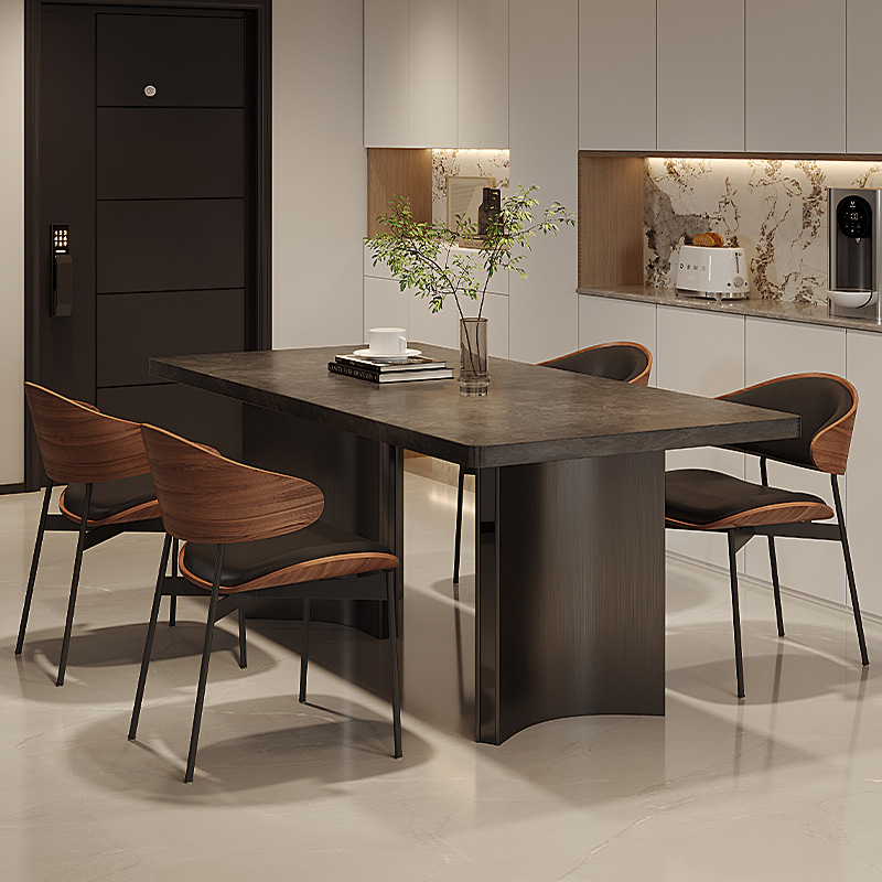 Italian Minimalist Drop-Down Thick Stone Slab Dining Table for Home Use Modern Simple Rectangle Dining Table Luxury High-End Dining Chairs