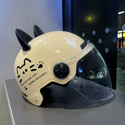 Sun Protection Half Helmet – Motosiklet kaskı (dəbilqə) - one-size-fits-all-khaki-transparent-long-mirror-black-cat-ears